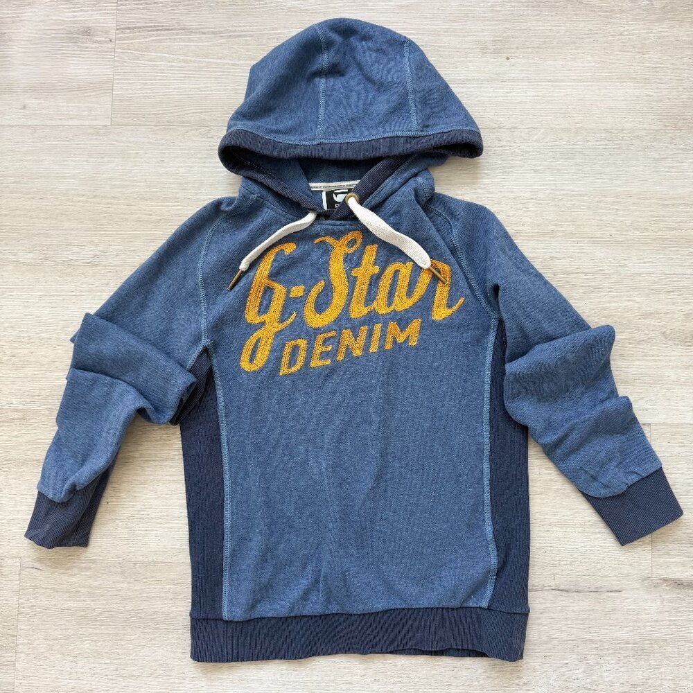 G-Star Raw Denim Blue Hoodie Sweatshirt Embroidered Streetwear Small